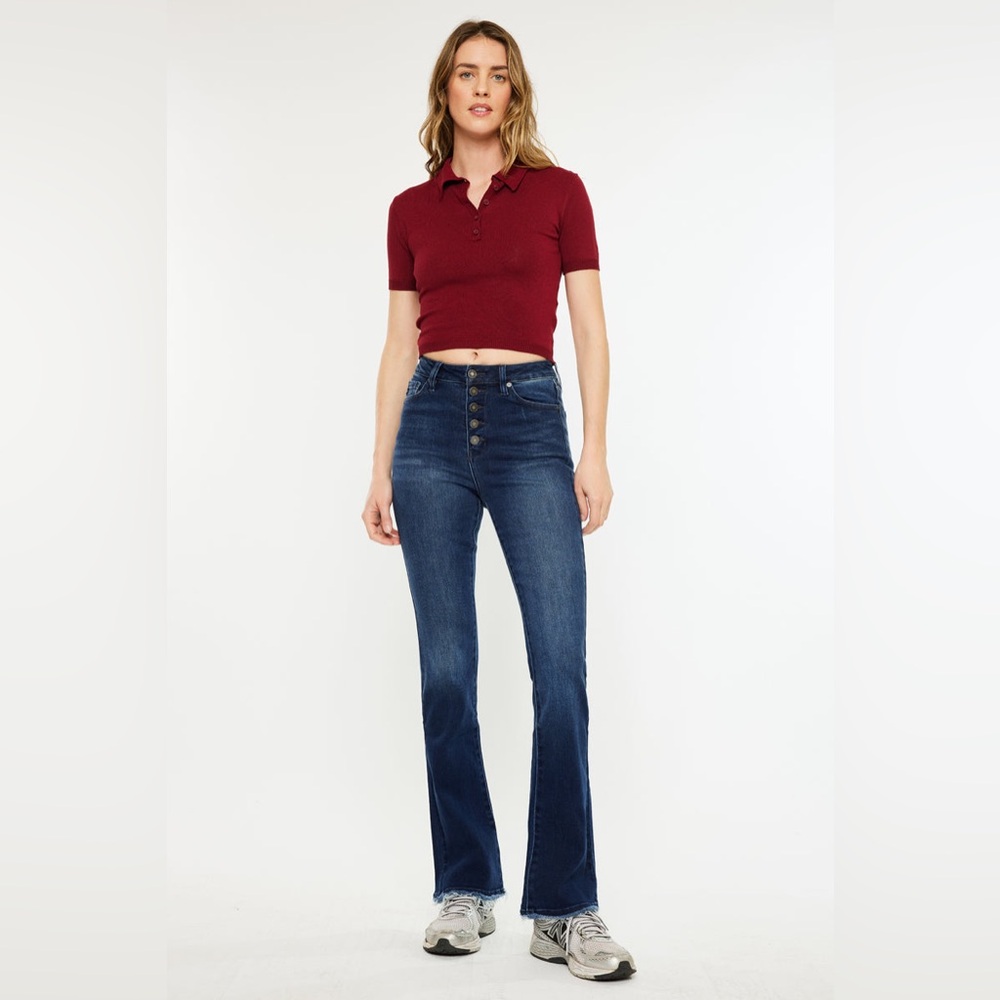 Kancan Rainn Ultra High Rise Flare Jeans Button Fly Raw Hem Size 7/27 Dark‎ Wash